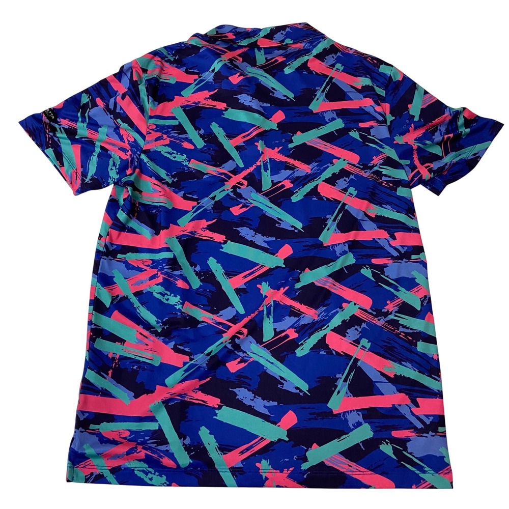 Yatta Golf Polo Mens Medium Abstract Blue Pink Neon Performance Golfing Shirt - Picture 6 of 8